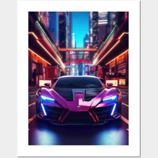 Asian Neon City Sports Car Posters and Art